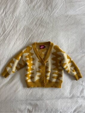 Milk Teeth Yellow Cream Patterned Kids Button Front Cardigan Sweater sz 1-2 Yrs